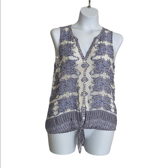 Lucky Brand Geo Tie Top Blouse Tank Size M - Navy Blue and White - Picture 2 of 8